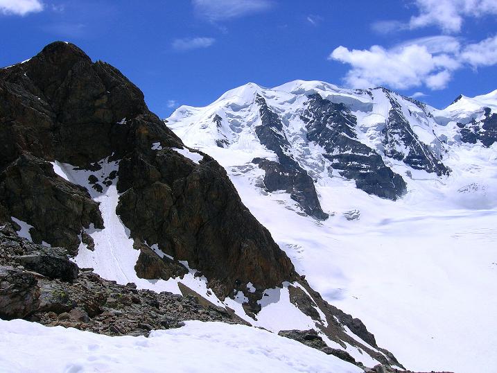 Foto: Andreas Koller / Klettersteigtour / Klettersteig Piz Trovat (3146m) / Nochmals der Blick zum Piz Trovat und Piz Palu (3905 m) / 18.07.2009 00:04:28