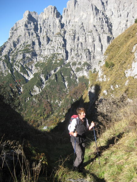Foto: Wolfgang Lauschensky / Wandertour / Monte Pelf 2502m / in der Forcella Pis Pilon. Rif.Alpini 7° gerade aus dem Morgenschatten. Das Biv. Sperti am obersten grünen Fleck der Schlucht zur Forcella Sperti / 31.10.2009 14:17:24