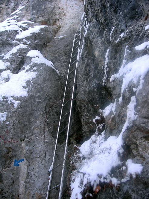 Foto: Andreas Koller / Klettersteigtour / Jubiläumssteig Winterbegehung (700 m) / Die Einstiegsleiter / 14.01.2010 02:04:13