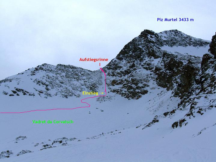 Foto: Andreas Koller / Skitour / Piz Corvatsch (3451 m) / Rückblick vom Vadret da Corvatsch auf die Anstiegsrinne / 09.02.2010 00:11:09