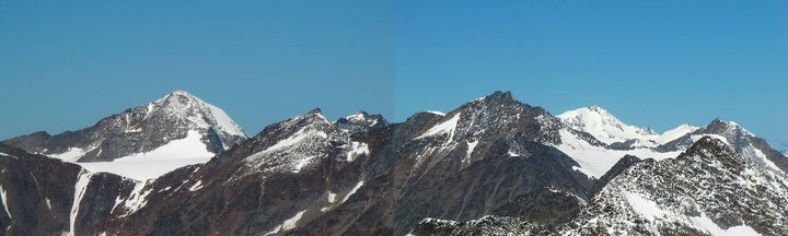 Foto: Thomas Paschinger / Wandertour / Hochwilde über den Hans-Grützmacher-Steig / v.l.n.r. Similaun (3599m), die drei Marzellspitzen (3530-3555m), Hintere Schwärze (3624m), Weißkugel (3739m), Mutmalspitze (3522m) / 01.08.2010 14:51:16