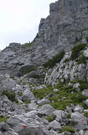 Foto: Wolfgang Lauschensky / Klettersteigtour / Winkelturm Ostgratklettersteig / Zustieg zum Grat in die angedeutete Scharte / 06.08.2011 11:09:39