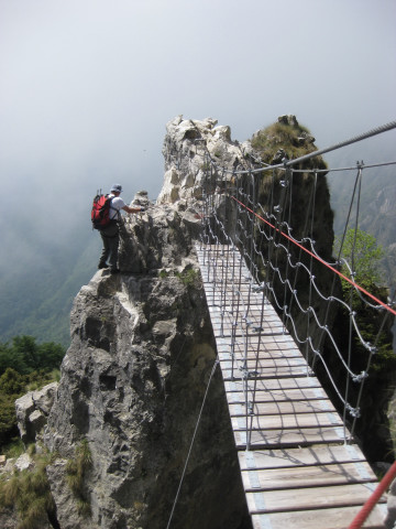 Foto: Wolfgang Lauschensky / Klettersteigtour / Via Ferrata Sass Brusai auf den Monte Boccaor 1532m / entschärfte Seilbrücke / 13.07.2012 07:59:49