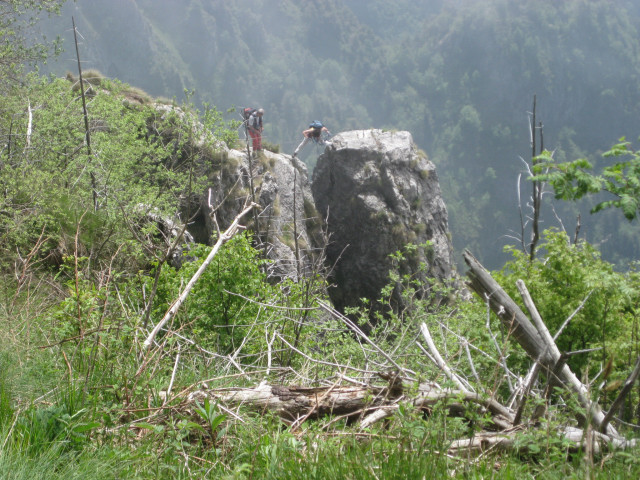 Foto: Wolfgang Lauschensky / Klettersteigtour / Via Ferrata Sass Brusai auf den Monte Boccaor 1532m / großer Spalt zwischen Bückenturm und Schlußwand gesehen vom Gipfel des M.Boccaor / 13.07.2012 07:58:49