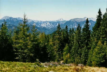 Foto: Wolfgang Dröthandl / Wandertour / Floning von Kapfenberg / Im Hintergrund von links Trenchtling, Brandstein und Ebenstein (Hochschwab), im Mittelgrund Pribitz, rechts davon Gipfelwiese der Mesnerin - Blick von einer Wiese links unterhalb des Floning-Gipfels / 11.10.2012 12:25:07