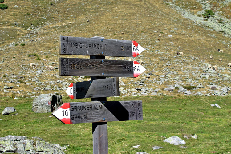 Foto: vince 51 / Wandertour / Von Graun auf den Habicher Kopf / Wegweiser kurz nach der Grauner Alm / 05.10.2013 19:18:28