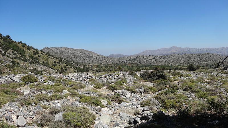 Foto: Datzi / Wandertour / Von der Lasithiou Hochebene zum Afentis sowie Dikti Ori (Biwak) und Lazaros / Der Weg führt im unteren Teil über Geröll / 27.06.2014 14:09:53