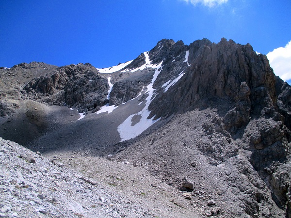 Foto: Andreas Koller / Klettersteigtour / Senda ferrada Piz Mitgel (3159m) / Ausstieg auf der Piramida vor dem großen Schuttkessel / 18.09.2014 01:41:29