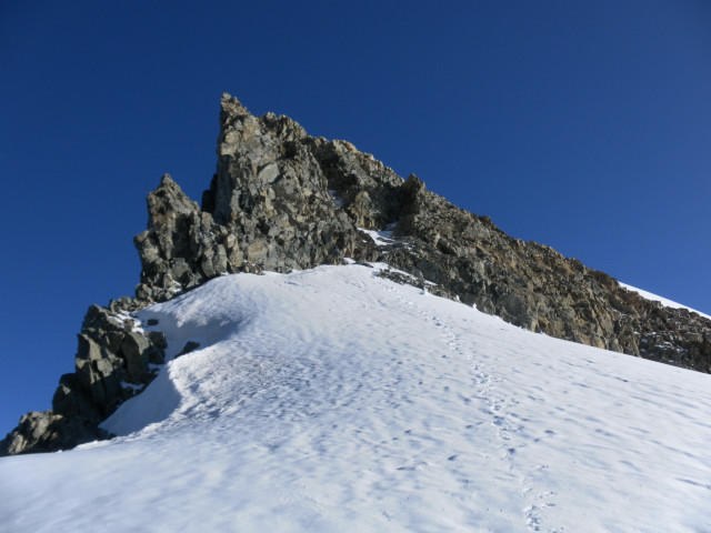 Foto: Wolfgang Lauschensky / Wandertour / Roche Faurio 3730m und Pointe Xavier Blanc 3677m / Gratfels wird in gestufter Rinne durchklettert / 20.09.2014 13:43:25