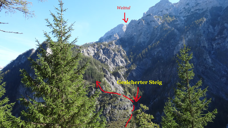 Foto: Datzi / Wandertour / Rundtour über das Weittal zum Hochwart (Biwak) - Abstieg über die Hochalm und Stadurzrinne (Antengraben) / Der Grashang und die Rückenquerrung ins Weittal (Blick beim Abstieg zur Anstiegsstelle) / 01.10.2014 20:58:15