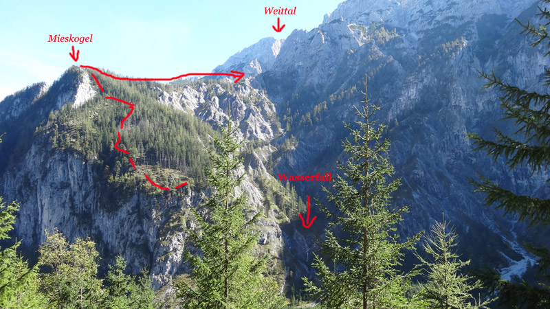 Foto: Datzi / Wandertour / Rundtour über das Weittal zum Hochwart (Biwak) - Abstieg über die Hochalm und Stadurzrinne (Antengraben) / Der Anstieg und die Rückenquerrung ins Weittal (Blick beim Abstieg zur Anstiegsstelle) / 01.10.2014 20:58:07