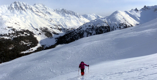 Foto: Wolfgang Lauschensky / Skitour / Mot dal Gajer 2797m / Piz Plazer und Piz Sesvenna links und Mot Falain rechts aus dem Kar / 07.01.2015 21:00:09