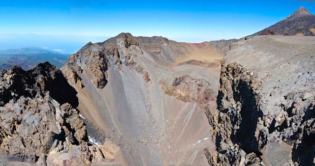 Foto: Walter Ruttinger / Wandertour / Pico Sur 3106m / Narices del Teide /Teneriffa / Hauptkrater, Blick nach Osten mit Teide. Pico Viejo rotbraun unterhalb seines linken Fusses erkennbar / 28.07.2015 12:50:12