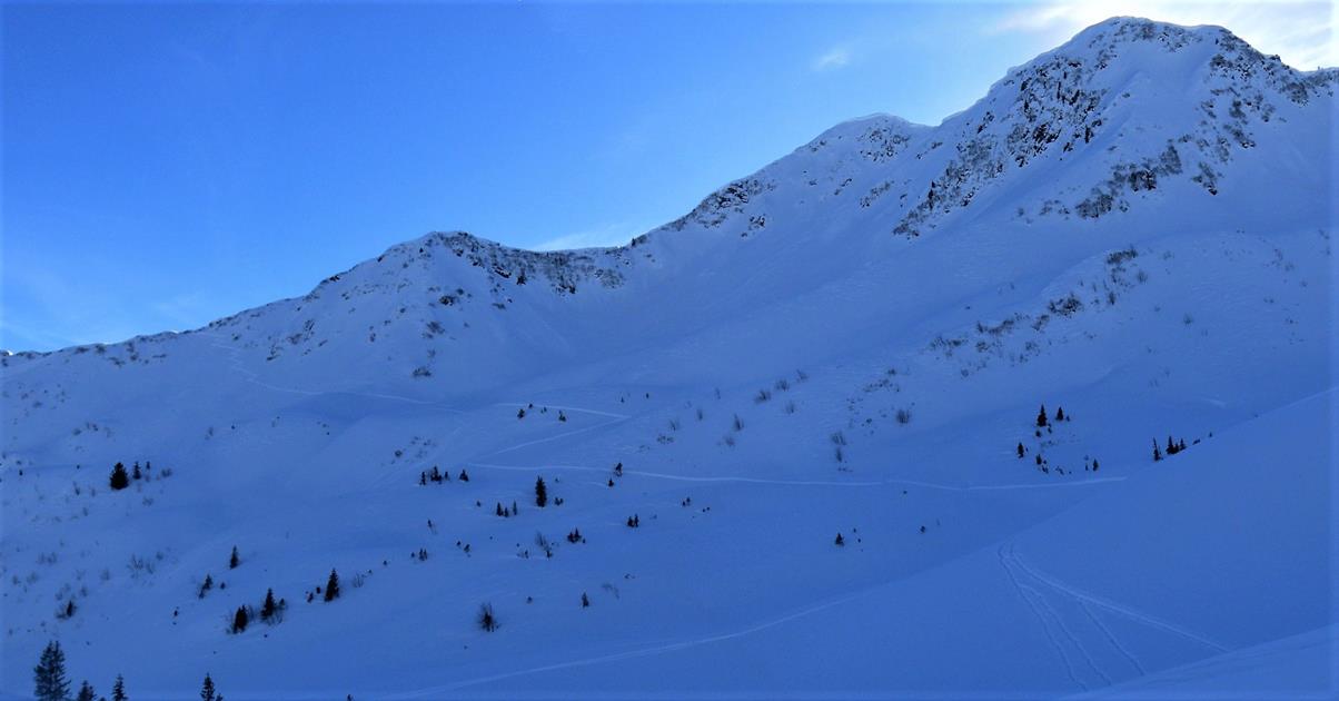 Foto: Wolfgang Lauschensky / Skitour / Grünhorn 2039m aus dem Schwarzwassertal / Anstieg über die Ochsenhoferscharte zum Grünhorn rechts / 10.02.2019 11:22:15