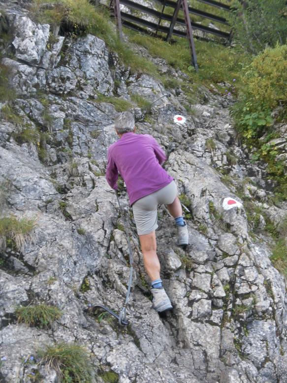 Foto: Wolfgang Lauschensky / Wandertour / Birkkarspitze 2749m und Ödkarspitzen über Brendelsteig / gesicherte Felsstufe oberhalb des Karwendehauses / 20.09.2021 21:43:14
