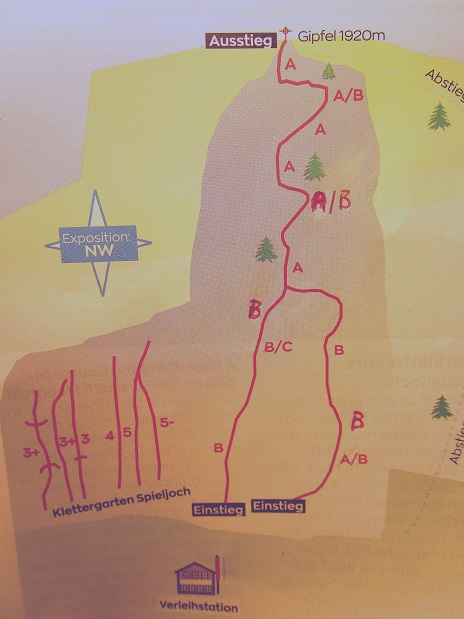 Foto: Andreas Koller / Klettersteigtour / Spieljoch Klettersteig (1920m) / Topo Klettersteig und Klettergarten (adaptierte Quelle:
Kletter- und Klettersteig - Broschüre Zillertal) / 06.06.2023 23:55:34