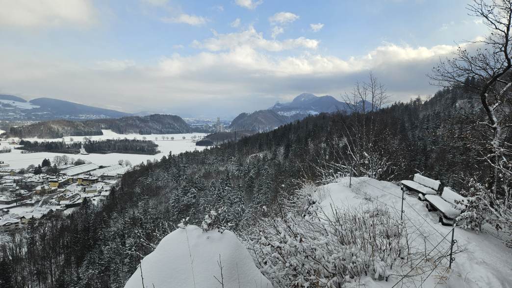 Foto: Manfred Karl / Schneeschuhtour / Schneeschuhwanderung zur Gossenleier (574 m) / Blick Richtung Hallein - Tennengebirge / 17.02.2026 08:50:48
